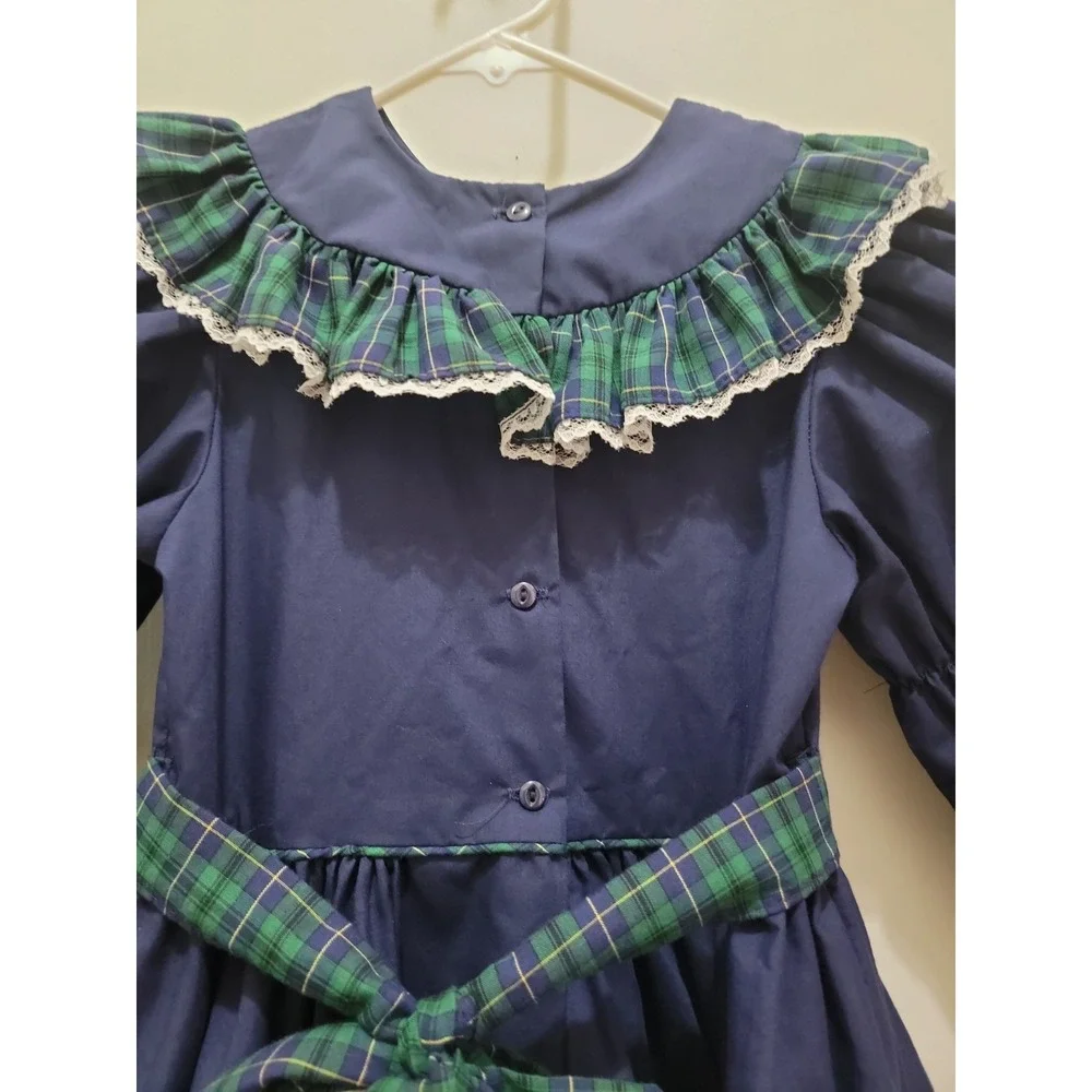 Vintage Mini World Provo Utah Girls 5 Navy Blue Lace Cottagecore Prairie Dress